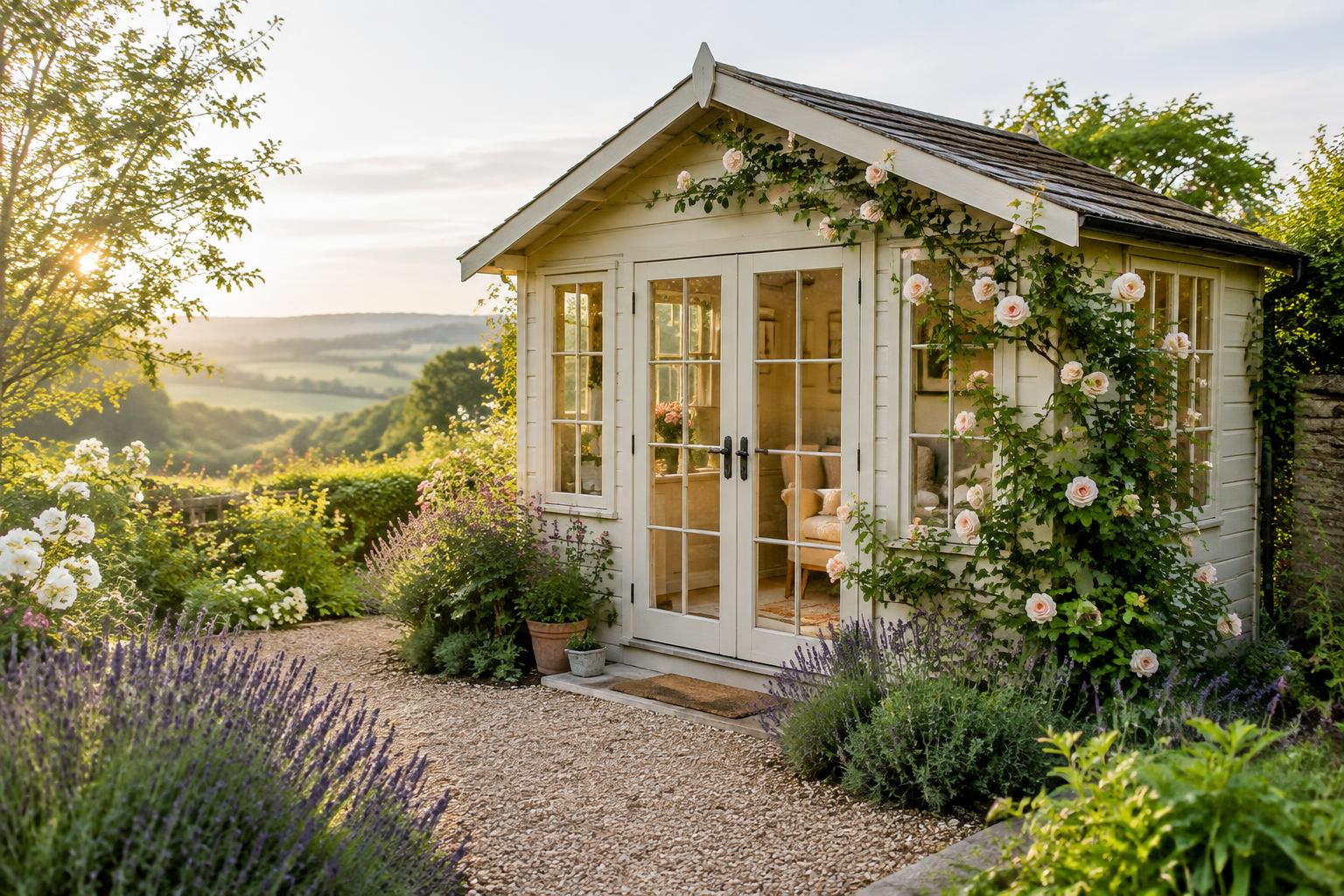 The Rose Lodge garden studio surrounded by roses and lavender